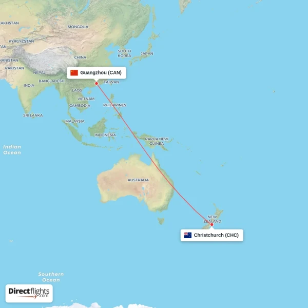 Christchurch - Guangzhou direct flight map