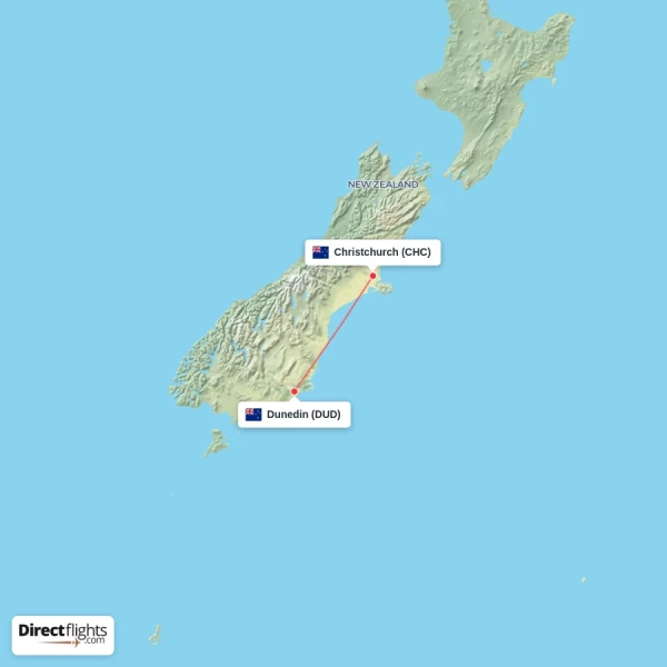 Christchurch - Dunedin direct flight map