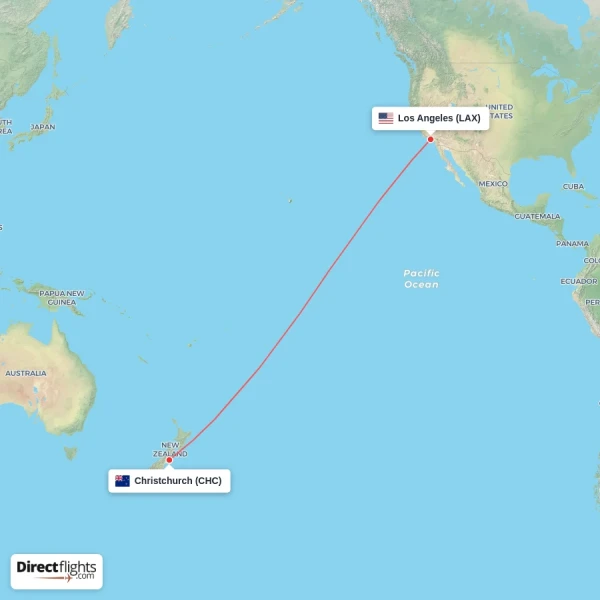 Christchurch - Los Angeles direct flight map