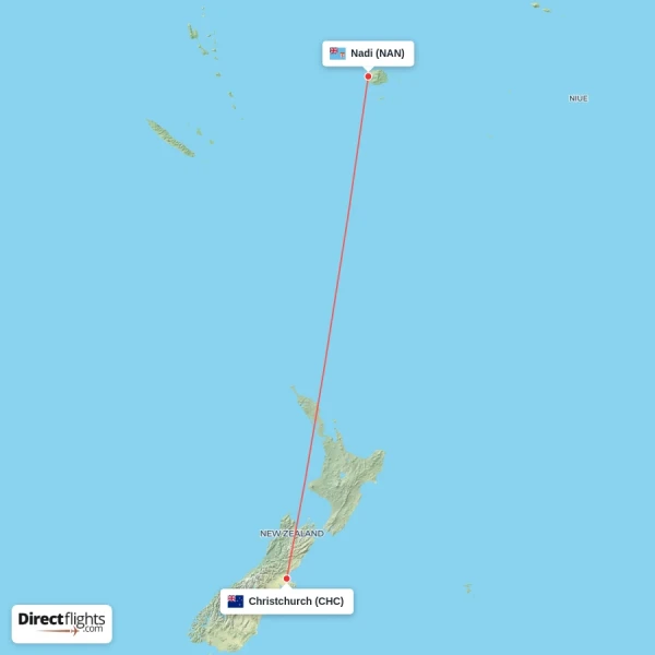 Christchurch - Nadi direct flight map