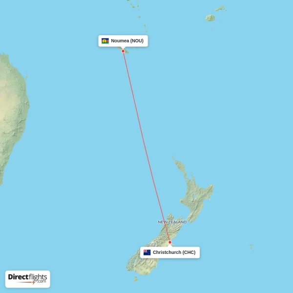 Christchurch - Noumea direct flight map
