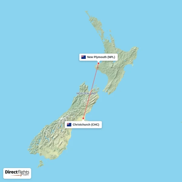 Christchurch - New Plymouth direct flight map