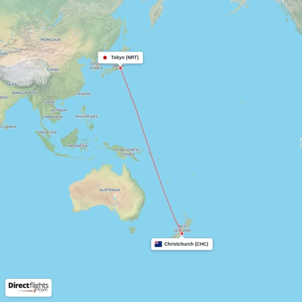 Christchurch - Tokyo direct flight map