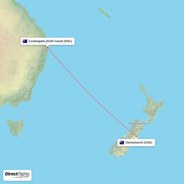 Christchurch - Coolangatta (Gold Coast) direct flight map