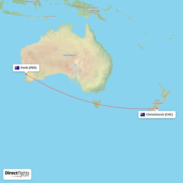 Christchurch - Perth direct flight map