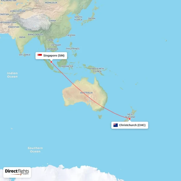 Christchurch - Singapore direct flight map