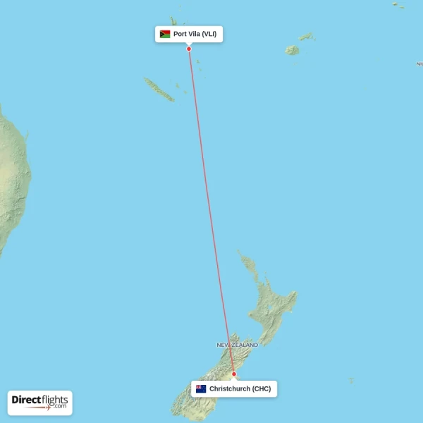 Christchurch - Port Vila direct flight map