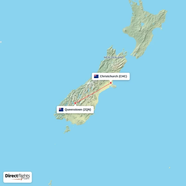 Christchurch - Queenstown direct flight map