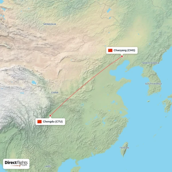 Chaoyang - Chengdu direct flight map