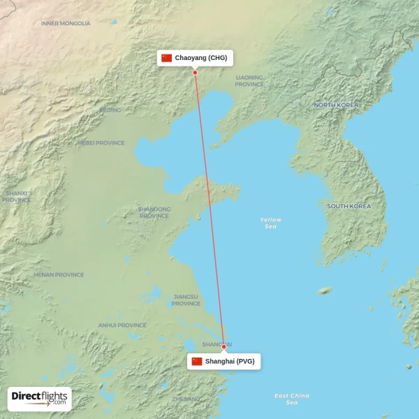 Chaoyang - Shanghai direct flight map