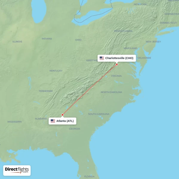 Charlottesville - Atlanta direct flight map