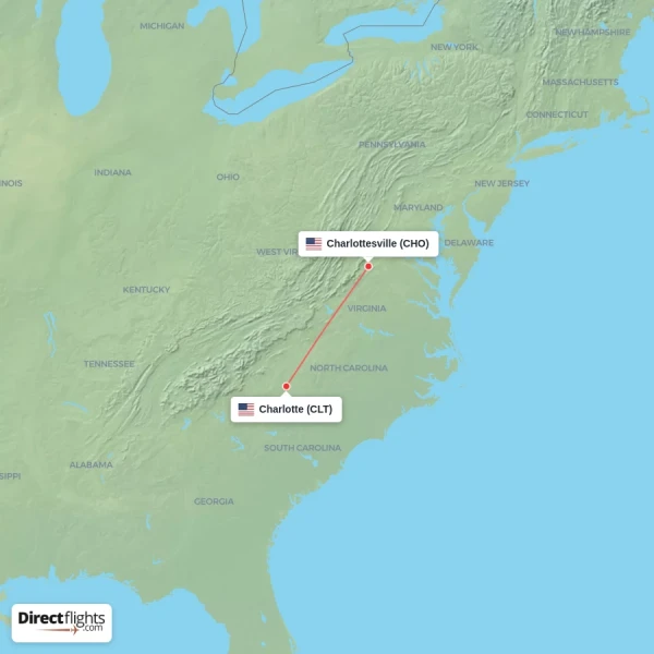 Charlottesville - Charlotte direct flight map