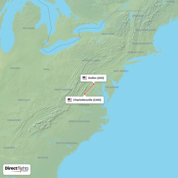 Charlottesville - Dulles direct flight map