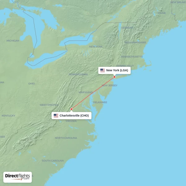 Charlottesville - New York direct flight map