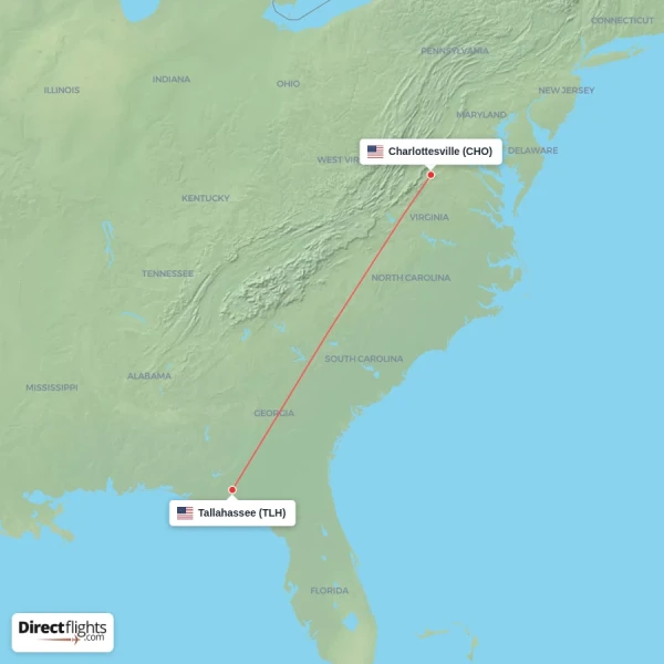 Charlottesville - Tallahassee direct flight map