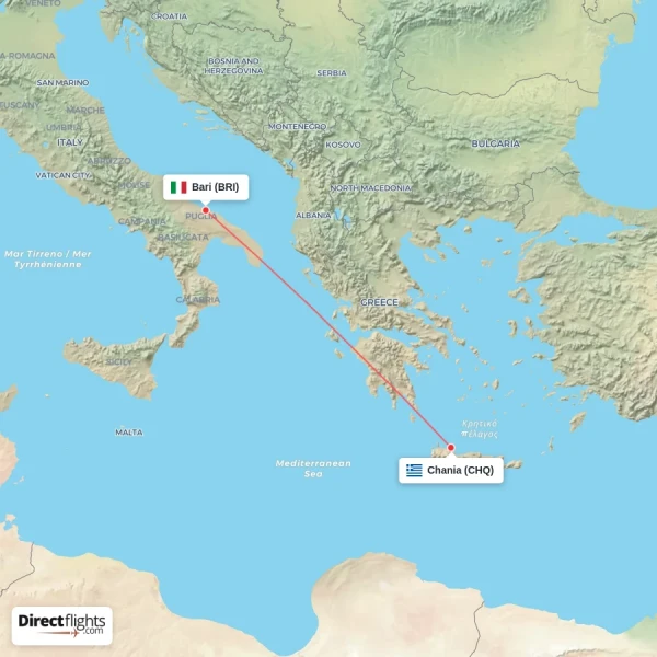 Chania - Bari direct flight map