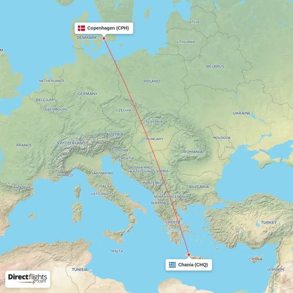Chania - Copenhagen direct flight map