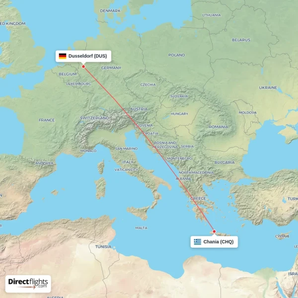 Chania - Dusseldorf direct flight map