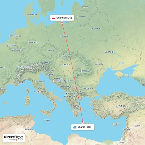 Chania - Gdansk direct flight map