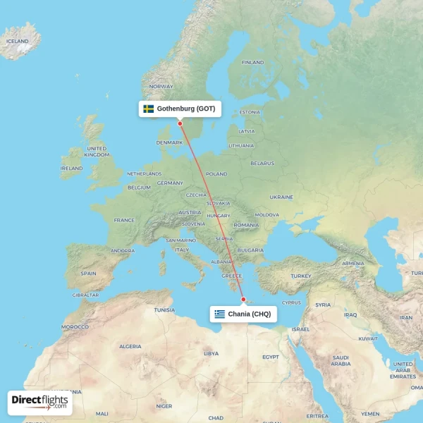 Chania - Gothenburg direct flight map