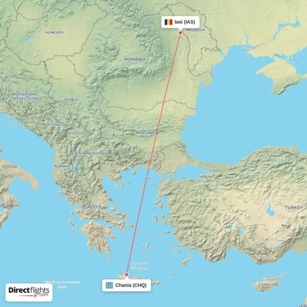 Chania - Iasi direct flight map