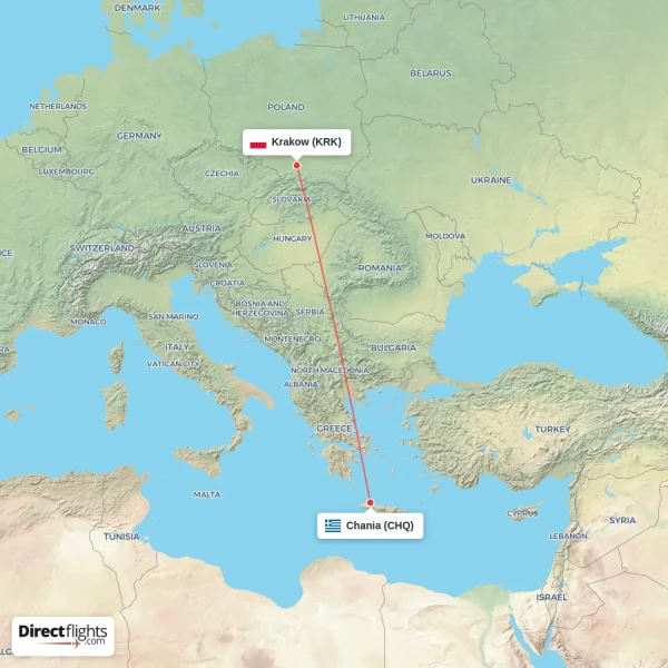Chania - Krakow direct flight map