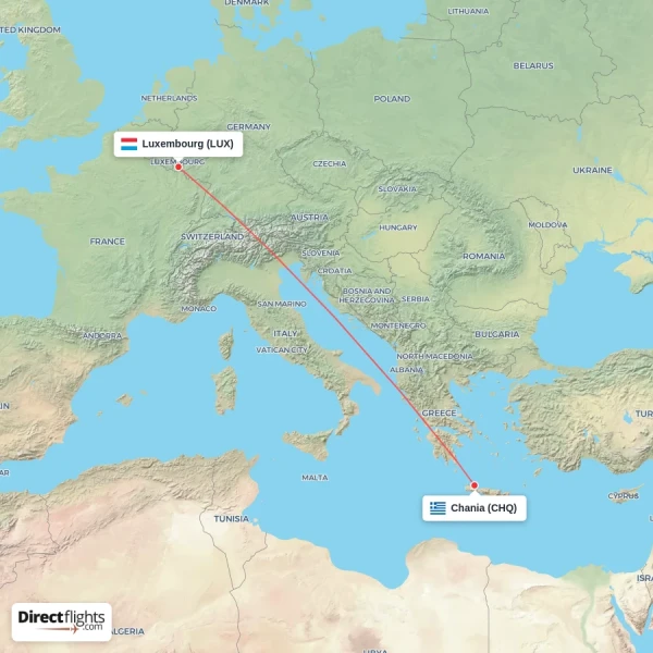 Chania - Luxembourg direct flight map