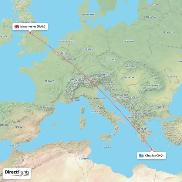 Chania - Manchester direct flight map