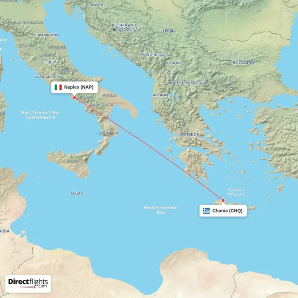 Chania - Naples direct flight map
