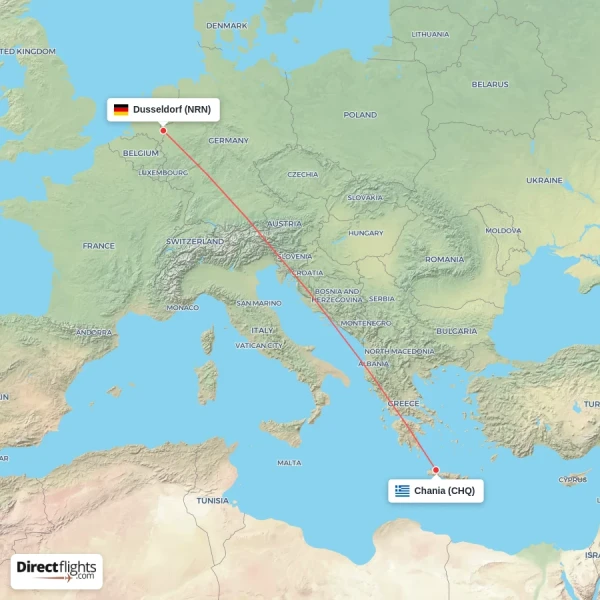 Chania - Dusseldorf direct flight map