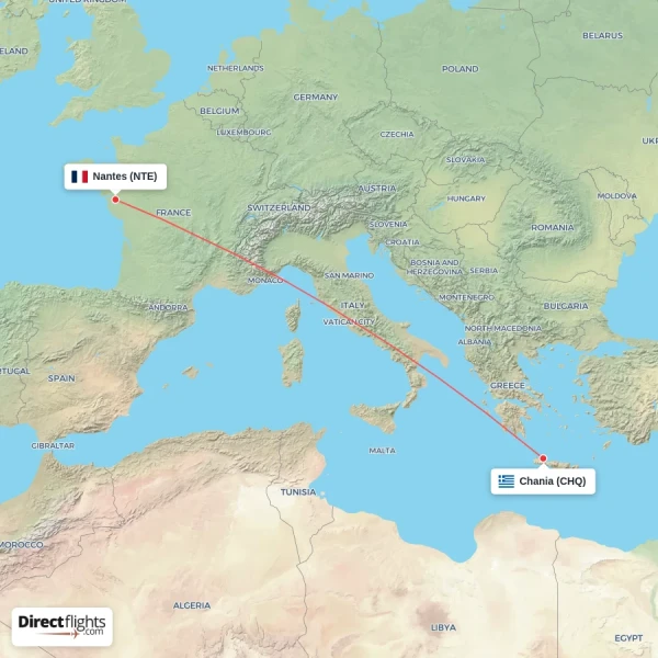 Chania - Nantes direct flight map