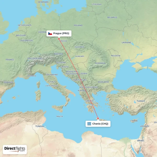 Chania - Prague direct flight map