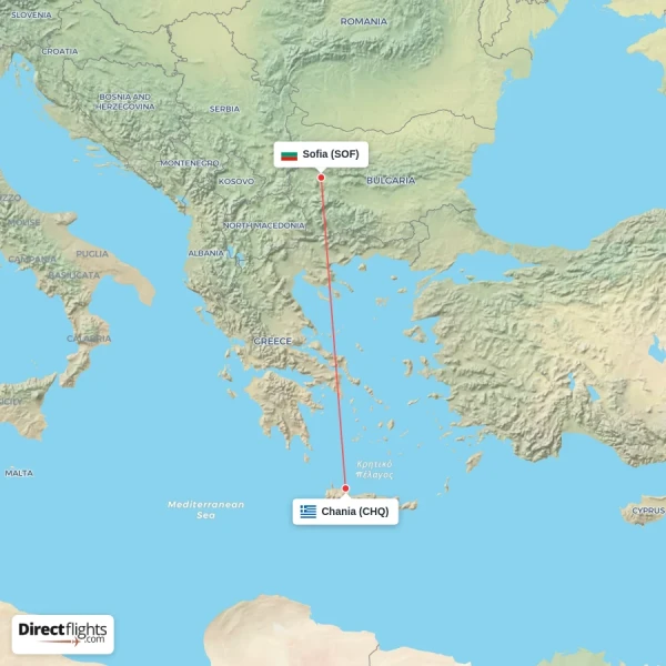 Chania - Sofia direct flight map