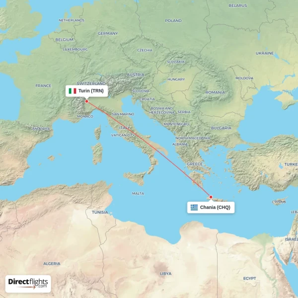 Chania - Turin direct flight map
