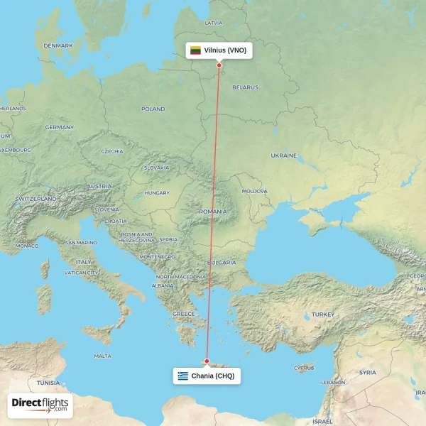Chania - Vilnius direct flight map
