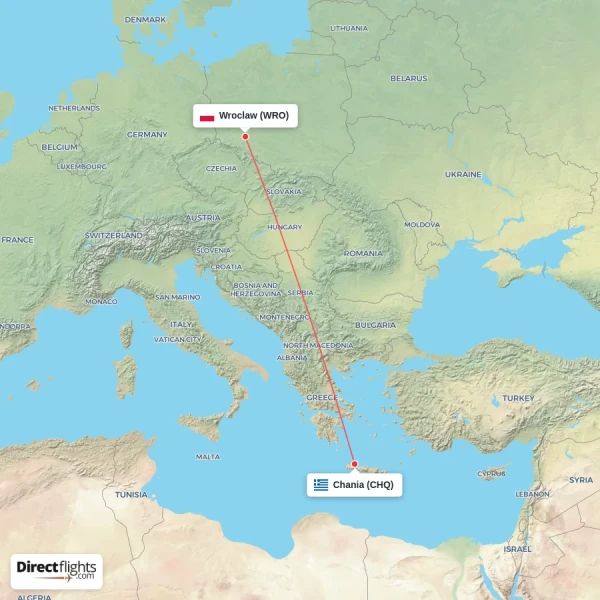 Chania - Wroclaw direct flight map
