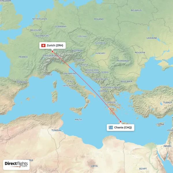 Chania - Zurich direct flight map