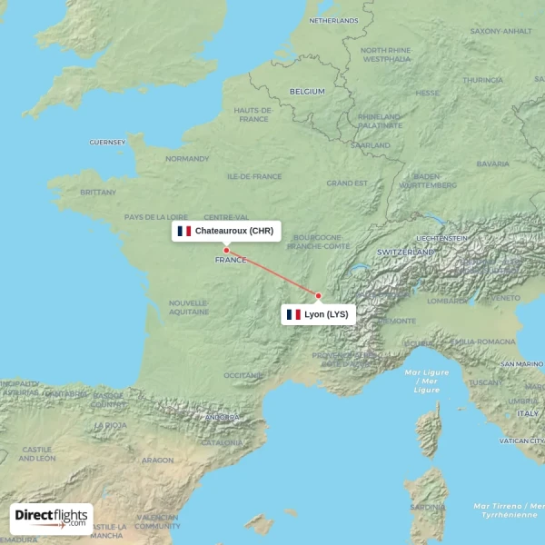 Chateauroux - Lyon direct flight map