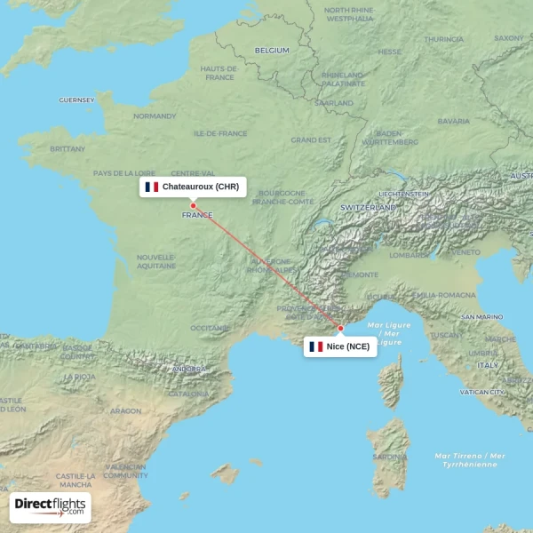 Chateauroux - Nice direct flight map