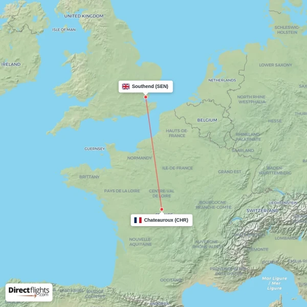 Chateauroux - Southend direct flight map
