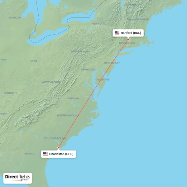 Charleston - Hartford direct flight map