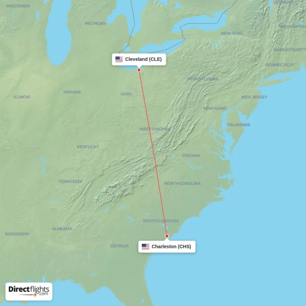 Charleston - Cleveland direct flight map