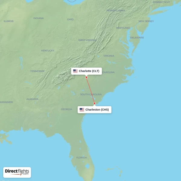 Charleston - Charlotte direct flight map