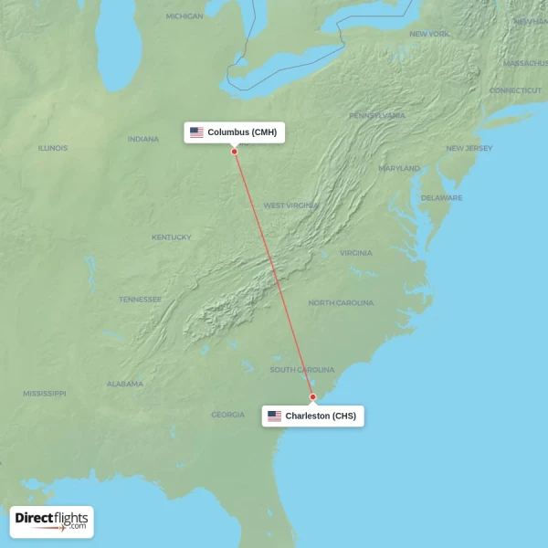 Charleston - Columbus direct flight map