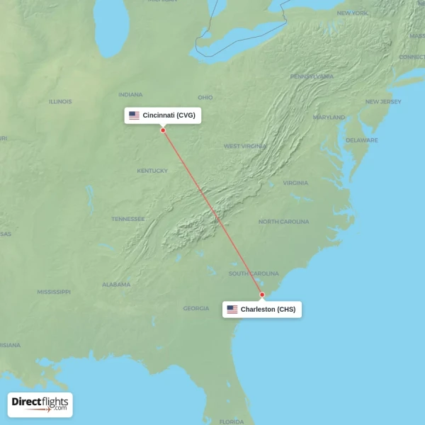 Charleston - Cincinnati direct flight map