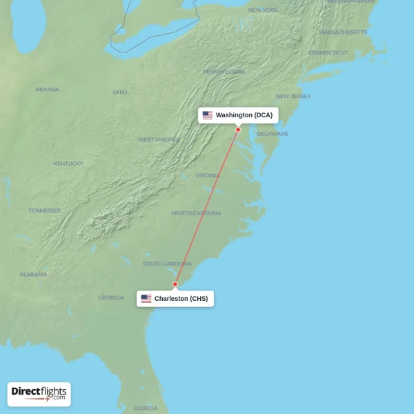 Charleston - Washington direct flight map