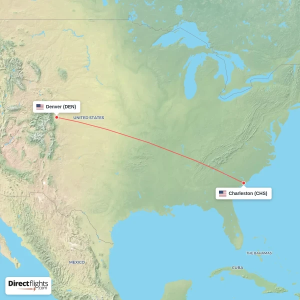 Charleston - Denver direct flight map