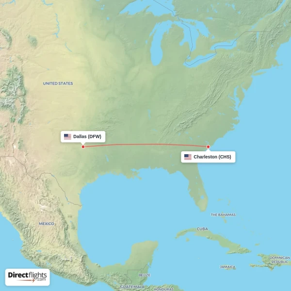 Charleston - Dallas direct flight map
