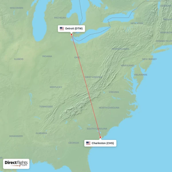 Charleston - Detroit direct flight map