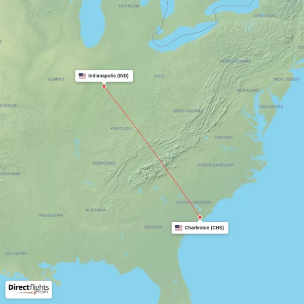 Charleston - Indianapolis direct flight map